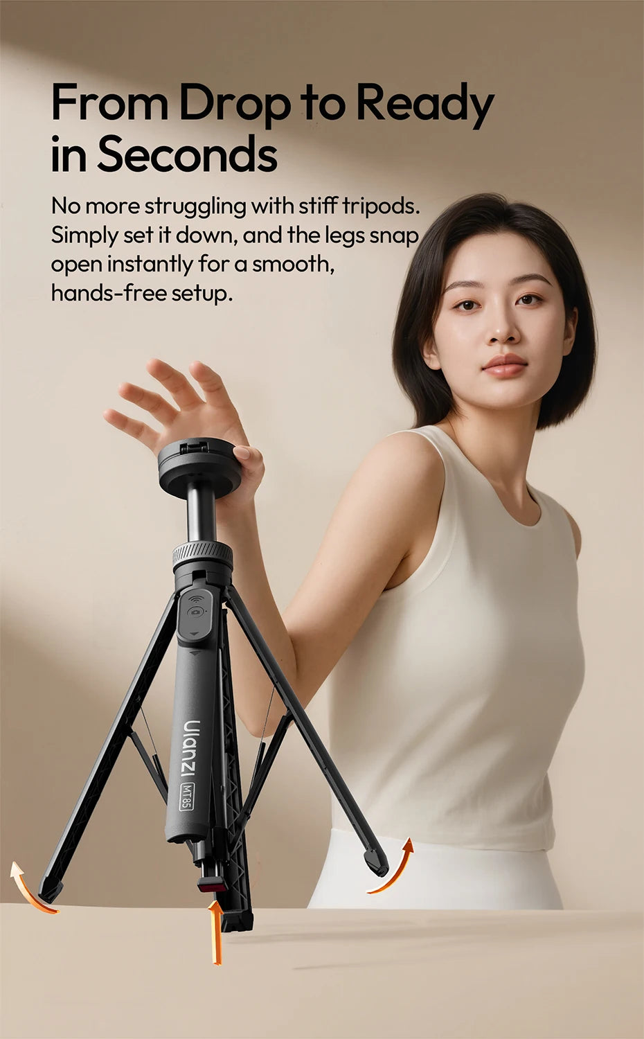 A woman is setting up a black magnetic phone tripod for a smooth, hands-free setup.