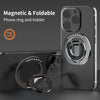 A black phone case with a magnetic foldable ring and holder attached, demonstrating the product's function.