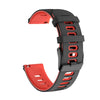 A black silicone watch band with orange accents shown in a curved, open display.