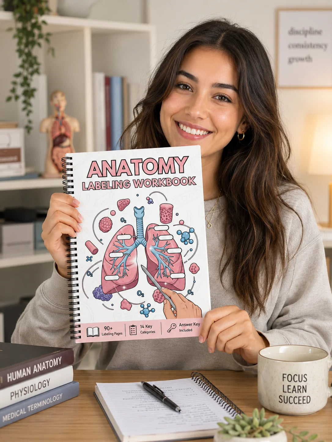 A smiling woman holds an Anatomy Labeling Workbook with a diagram of the lungs and respiratory system.