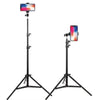 Black adjustable phone tripod with a smartphone mounted for video and selfie