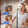 A woman is using an optional 3-level adjustable brightness fill light attached to a tripod for photography.