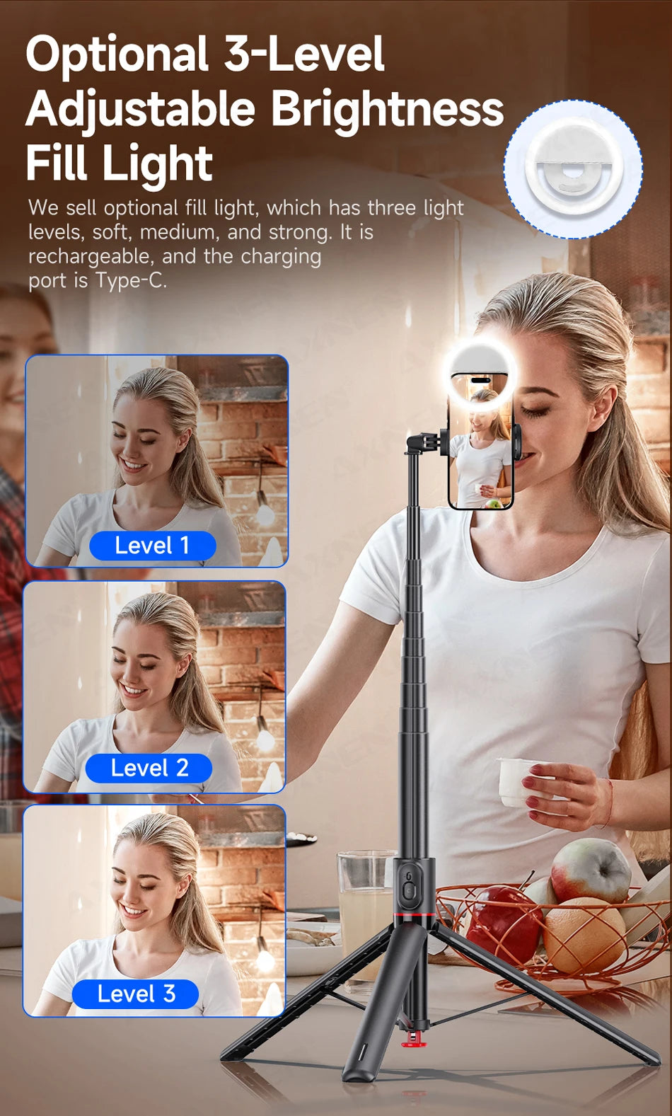A woman is using an optional 3-level adjustable brightness fill light attached to a tripod for photography.