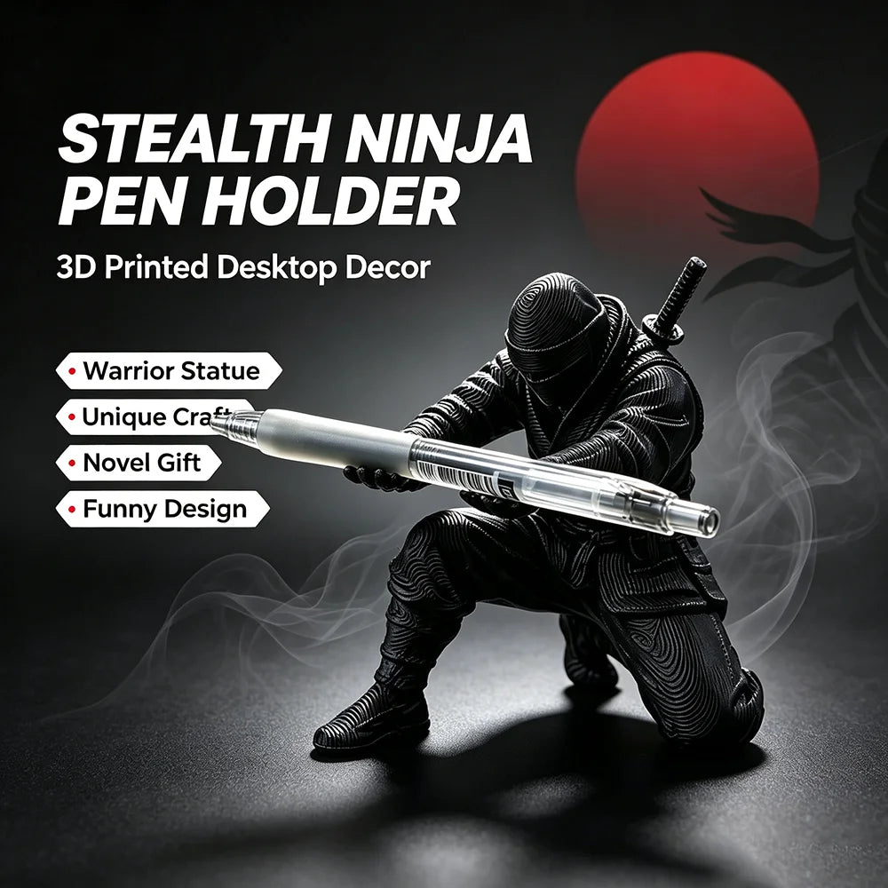 A matte black ninja figurine holding a pen, used as a 3D printed desktop decor pen holder.