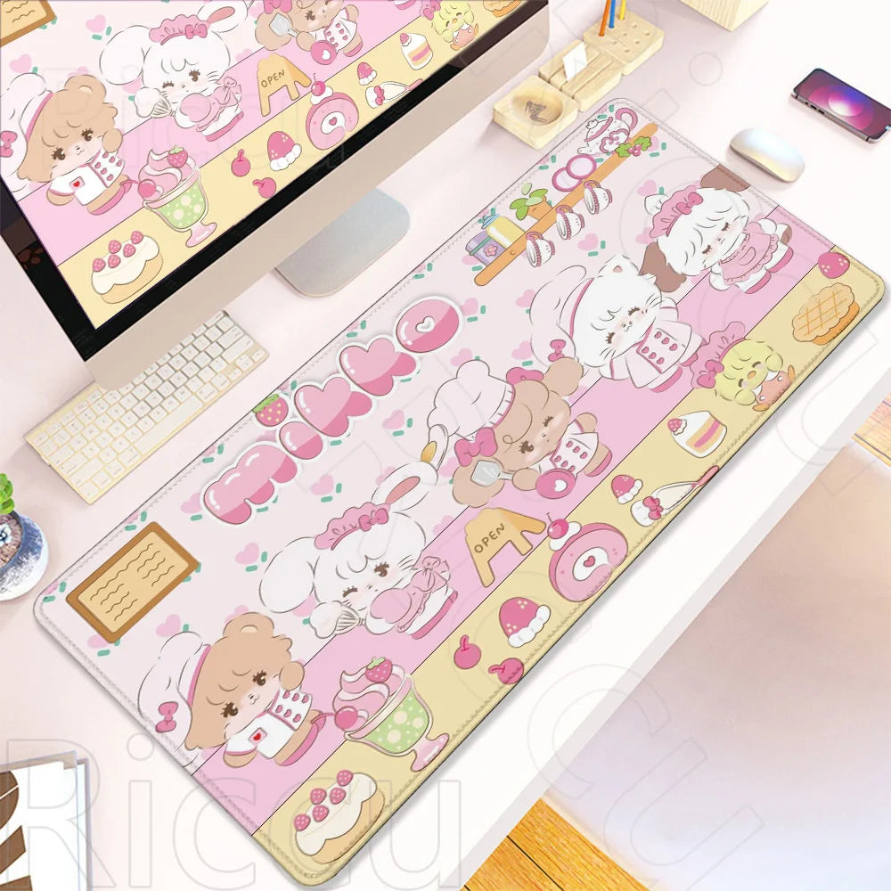 A pink and white cartoon gaming desk mat featuring cute animal characters and food items.