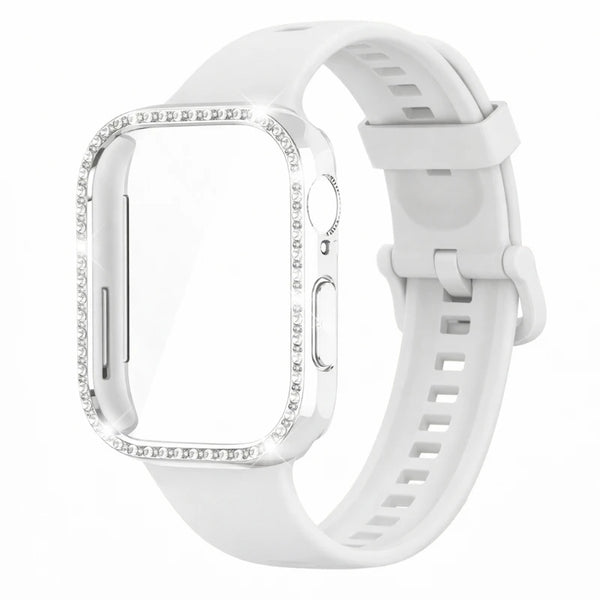A white silicone watch strap and protective case for a Huawei model shown on a wrist.