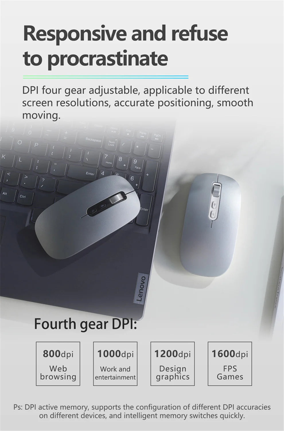 A gray Lenovo mouse is shown next to a laptop keyboard, illustrating its responsive and refuse to procrastinate features.