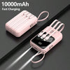 A pink 10000mAh multi-port power bank with a flashlight is shown lying on a dark surface.