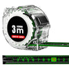 A clear plastic self-locking fluorescent steel tape measure with a 3mm marking and a green measuring tape visible.