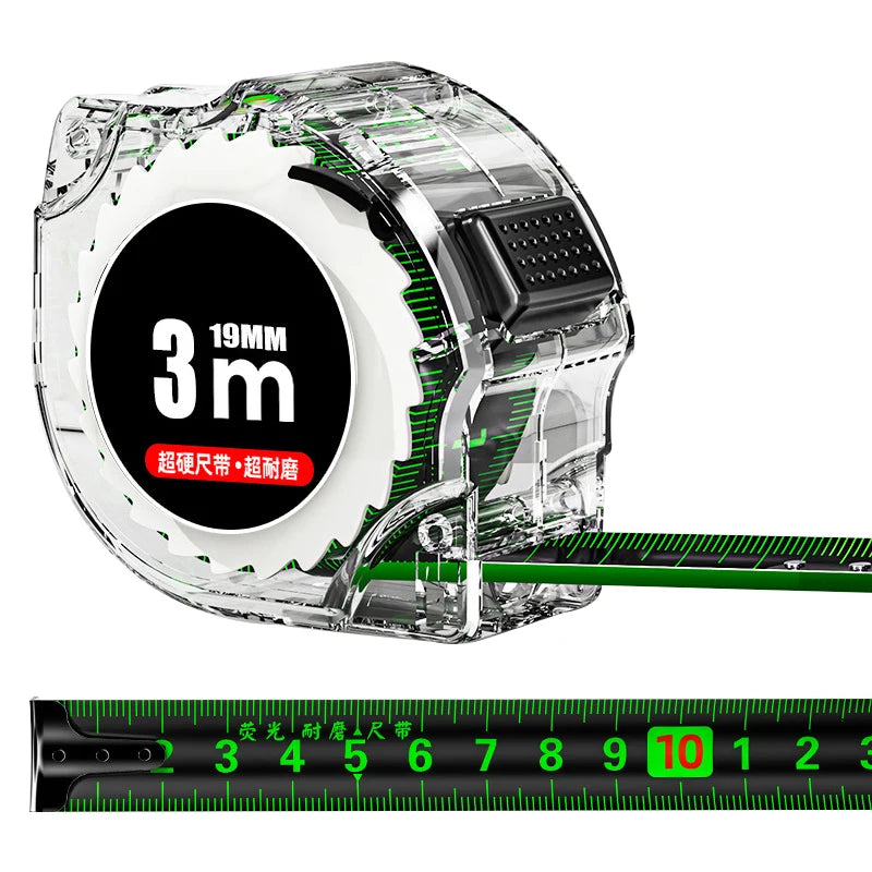 A clear plastic self-locking fluorescent steel tape measure with a 3mm marking and a green measuring tape visible.