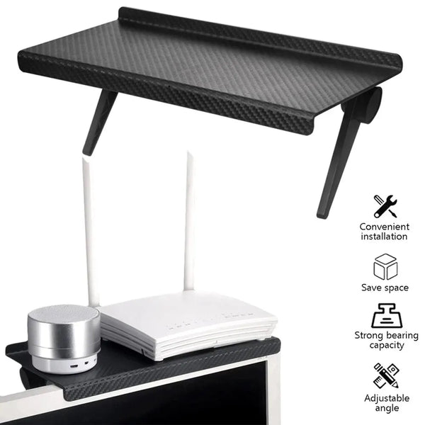A black multi-purpose display storage rack with an adjustable angle, designed to hold a laptop and a cylindrical object.