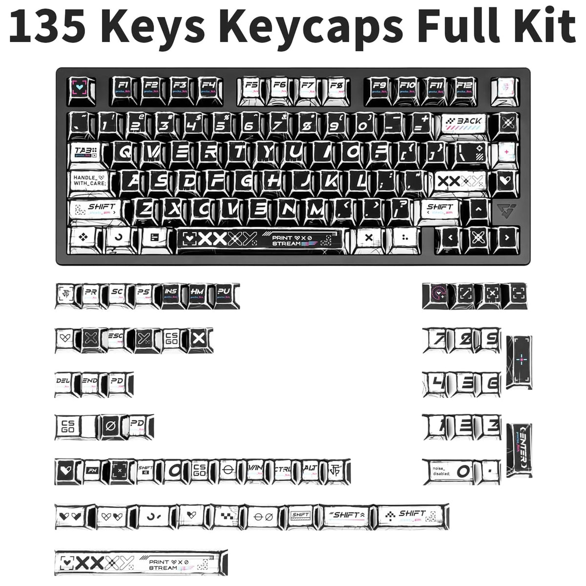 A full kit of 135 comic-style PBT keycaps in black and white featuring various function keys and modifiers.