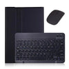 A black leather keyboard case with a detachable Bluetooth keyboard shown next to a wireless mouse.