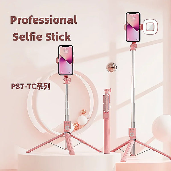 A professional selfie stick in pink and silver is displayed with a smartphone attached, showing its rotating features.