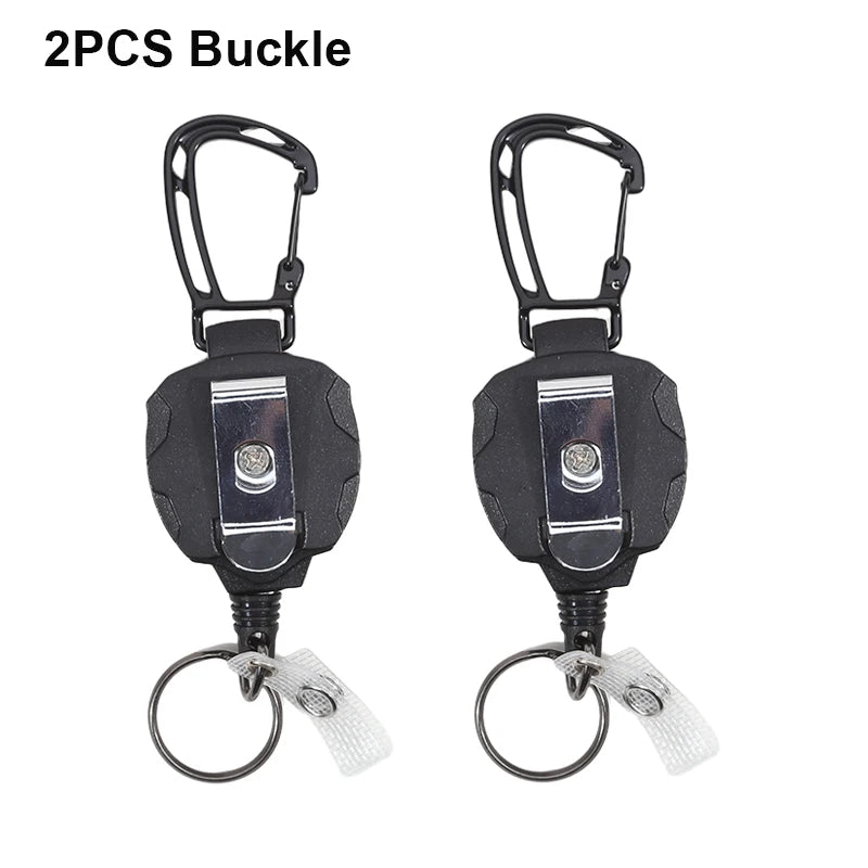 Two black buckle style tactical ID badge holders with metal plates and keyring loops