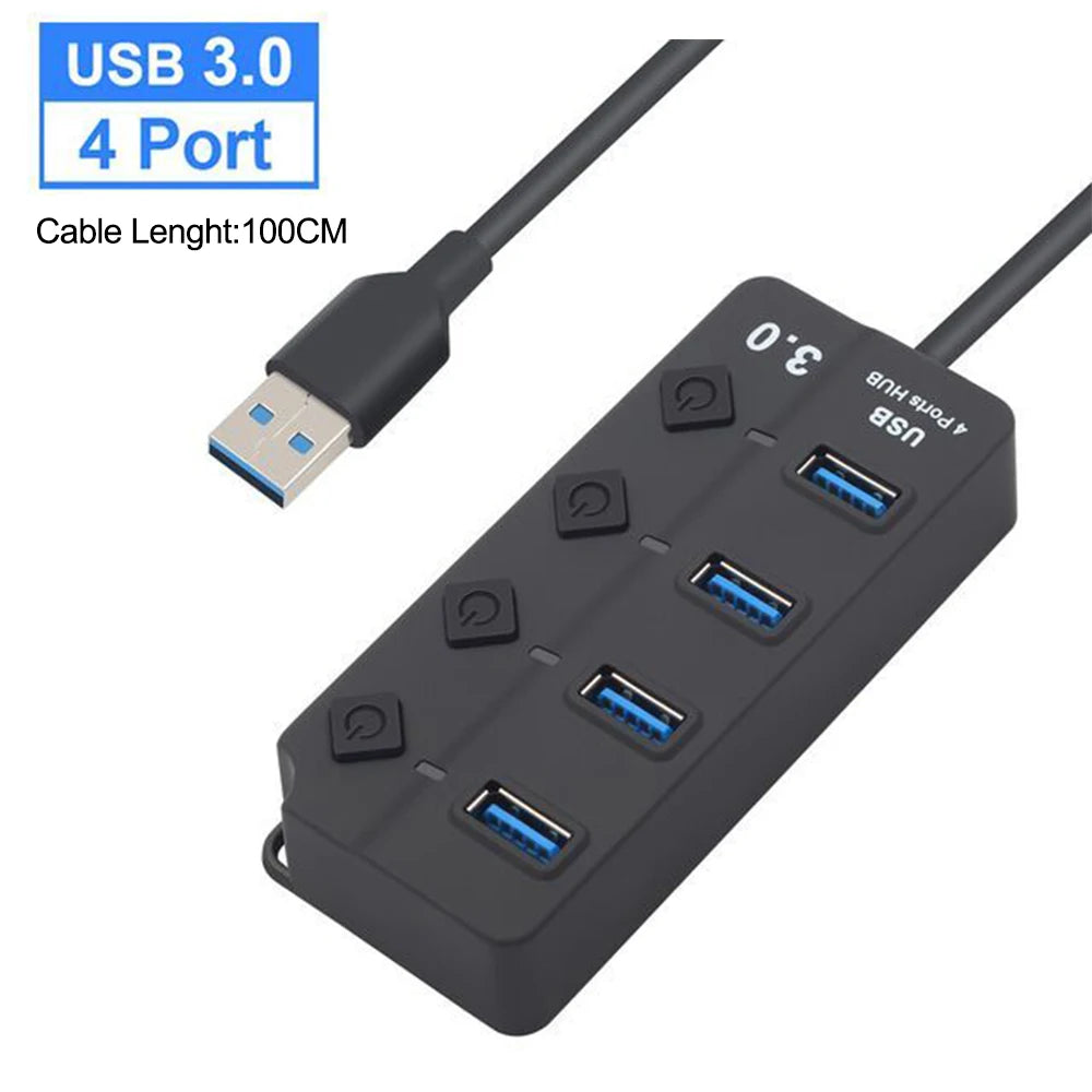 A black USB 3.0 hub with four ports and a cable, showing the connector end.