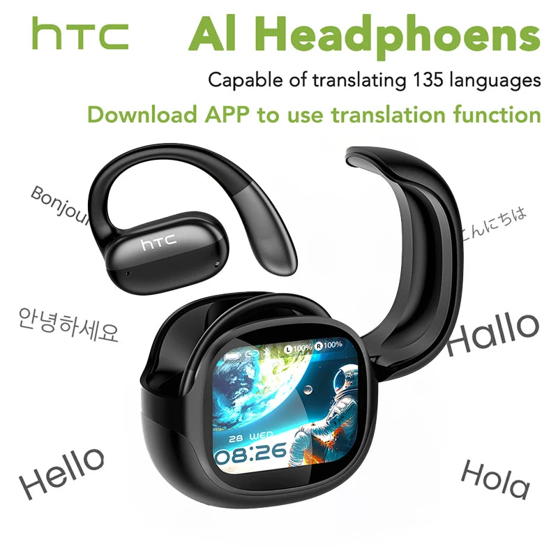 Black HTC AI Headphones shown with various language text overlays demonstrating translation capability.