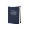 A dark blue book-shaped piggy bank with a title embossed on the cover.