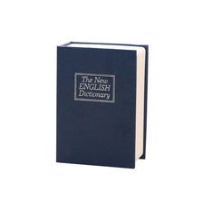 A dark blue book-shaped piggy bank with a title embossed on the cover.