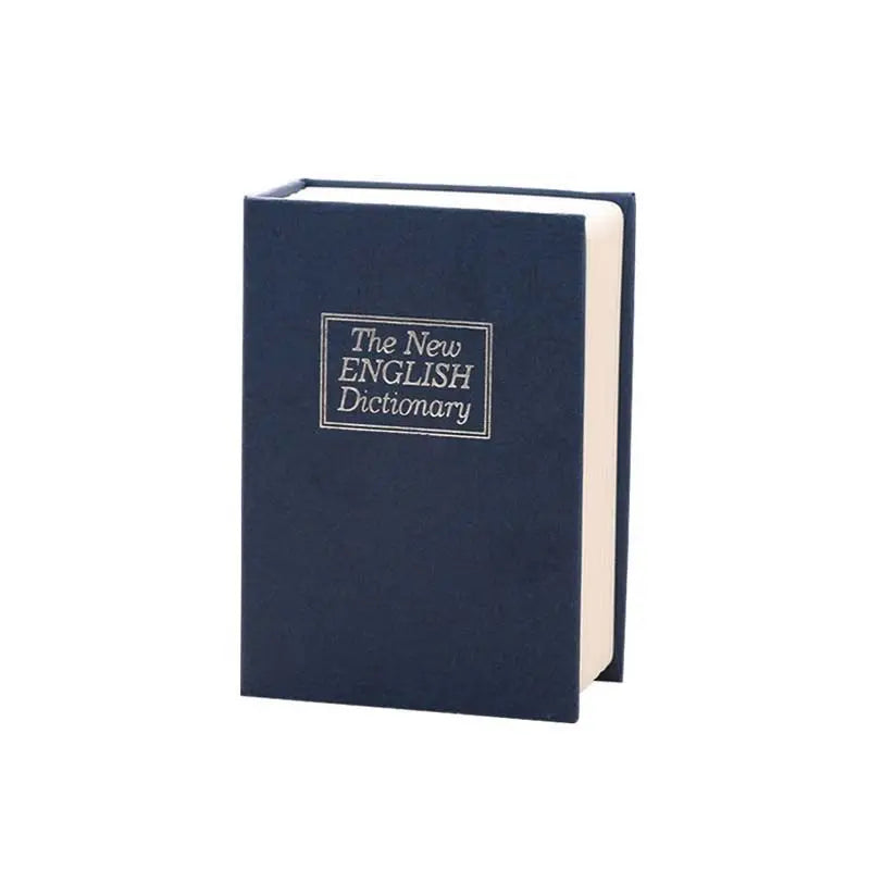 A dark blue book-shaped piggy bank with a title embossed on the cover.
