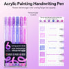 A set of six colored acrylic painting handwriting pens, including Monet Purple, displayed next to a color chart.