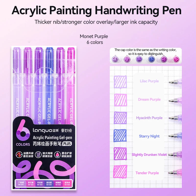 A set of six colored acrylic painting handwriting pens, including Monet Purple, displayed next to a color chart.