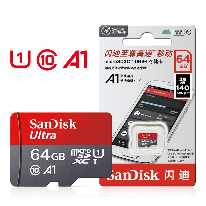 Sandisk Ultra 64GB microSDXC SD-Speinkarte Verpackung und Produkt.