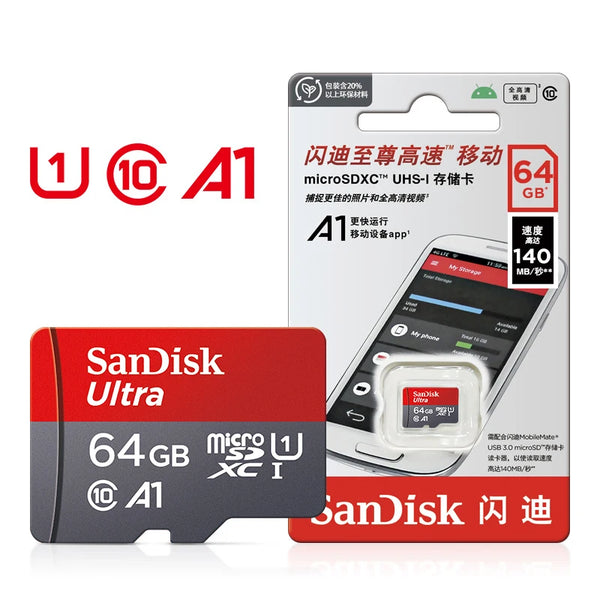 Carte mémoire microSDXC Sandisk Ultra 64 Go UHS-I, emballage et produit.