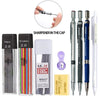 A set of mechanical pencil sharpeners and pencils with 2.0mm leads in various colors and black packaging.