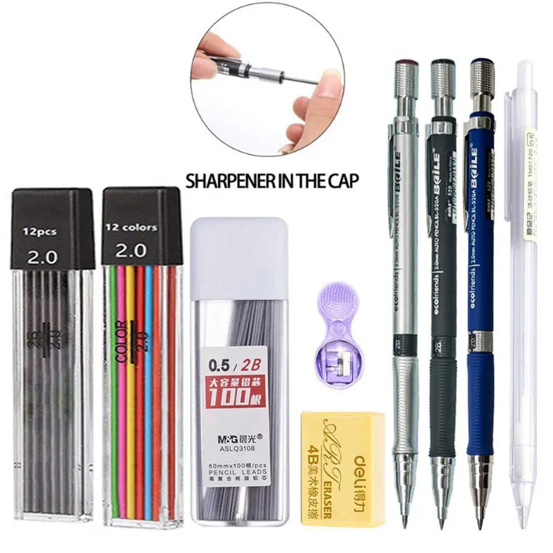 A set of mechanical pencil sharpeners and pencils with 2.0mm leads in various colors and black packaging.