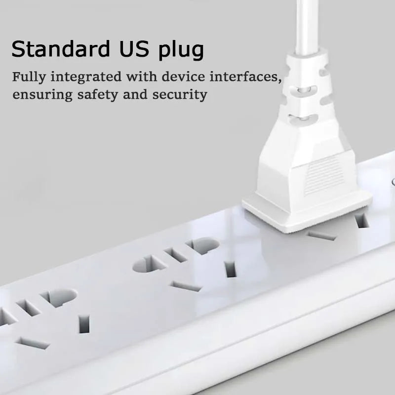 A white heavy duty AC power supply cable with a standard US plug is shown connected to an electrical outlet.
