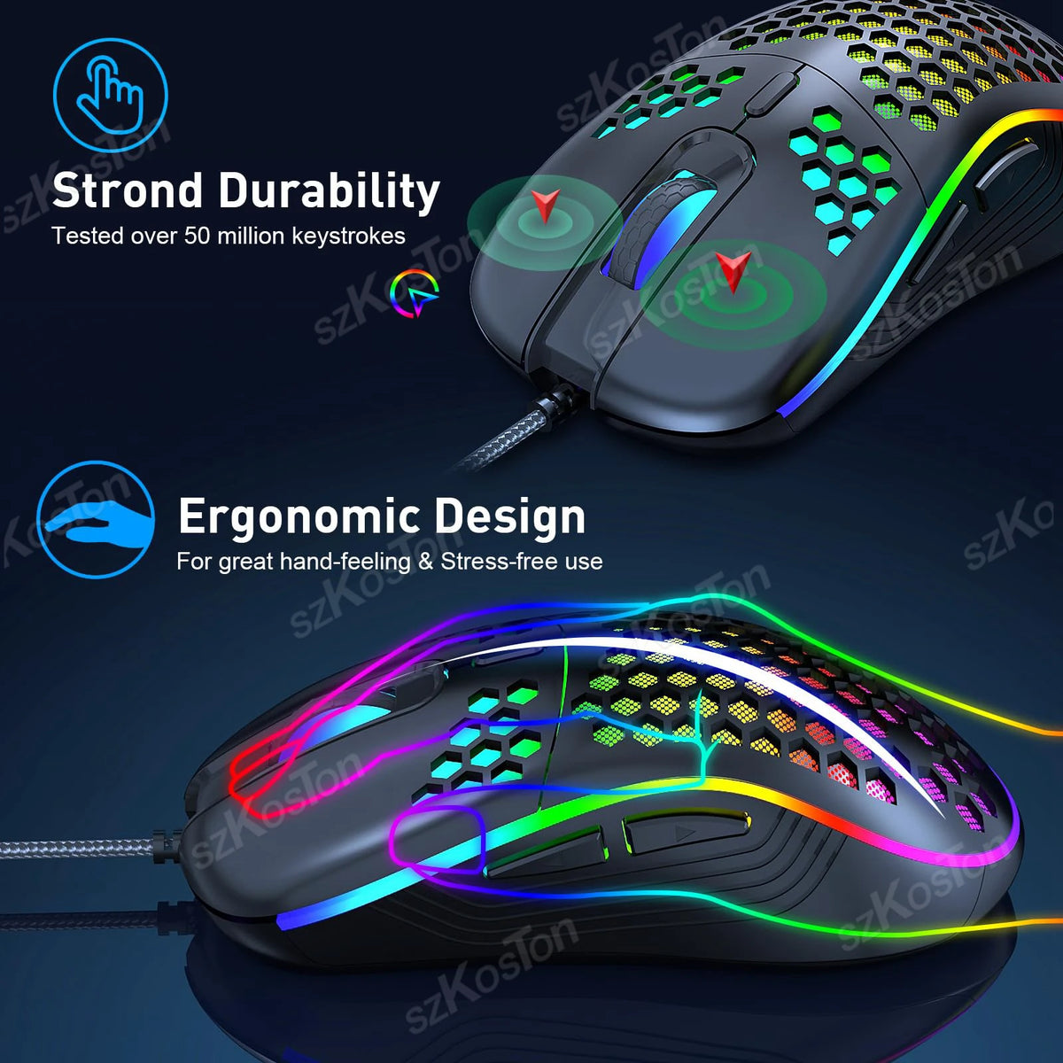 A black honeycomb gaming mouse with colorful RGB lighting is shown on a dark surface.