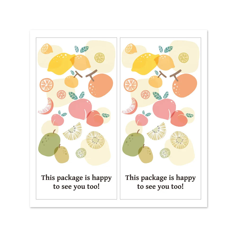 A rectangular gift sticker design featuring various fruit slices and whole fruits in warm colors.