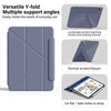 A purple Y-fold multi-support angle case for an Apple iPad showing various viewing and writing modes.