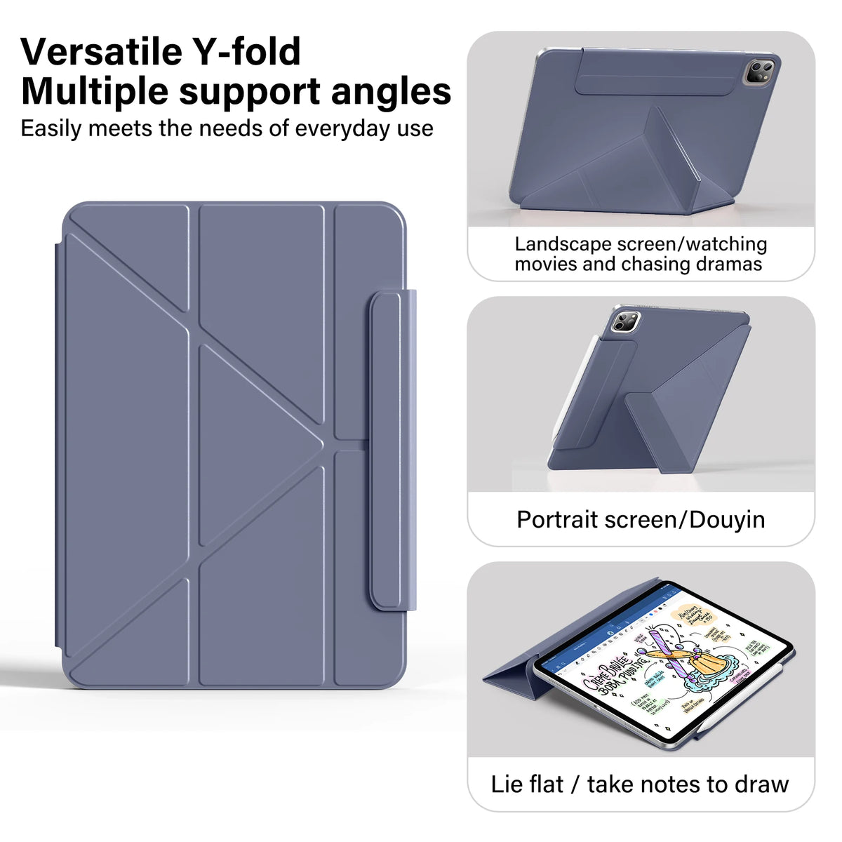 A purple Y-fold multi-support angle case for an Apple iPad showing various viewing and writing modes.