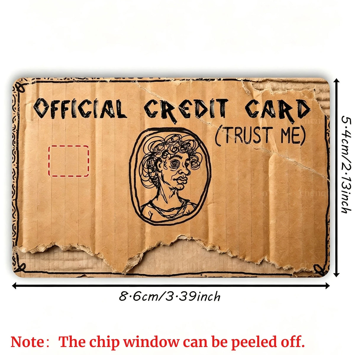 A brown cardboard mock credit card with a hand-drawn portrait and text on it.