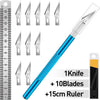 A precision craft knife set featuring 11 stainless steel blades and a 15cm steel ruler.