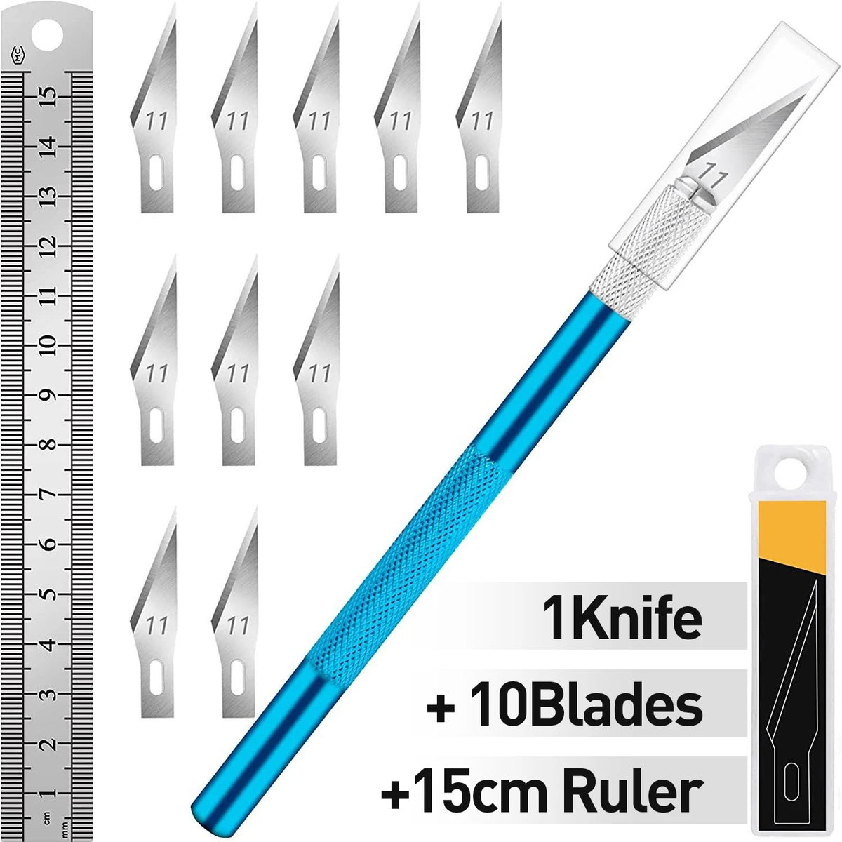 A precision craft knife set featuring 11 stainless steel blades and a 15cm steel ruler.