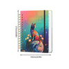 A spiral bound planner with monthly tabs featuring a vibrant gradient of pink, orange, and teal with a starry night theme.