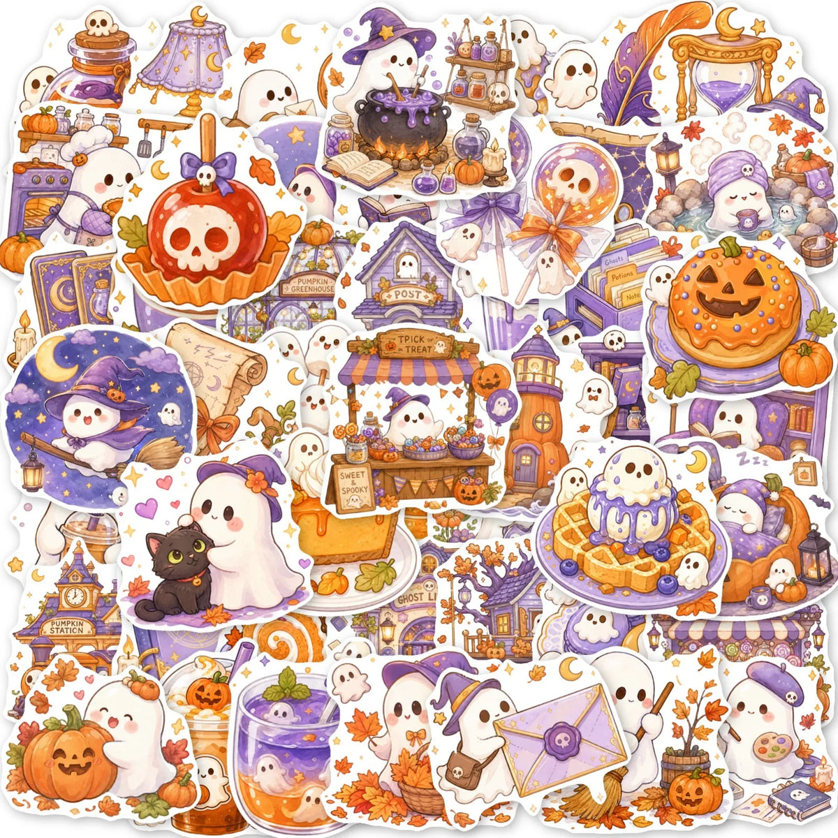 A collection of pastel Halloween vinyl decals featuring cute ghosts, pumpkins, and desserts.
