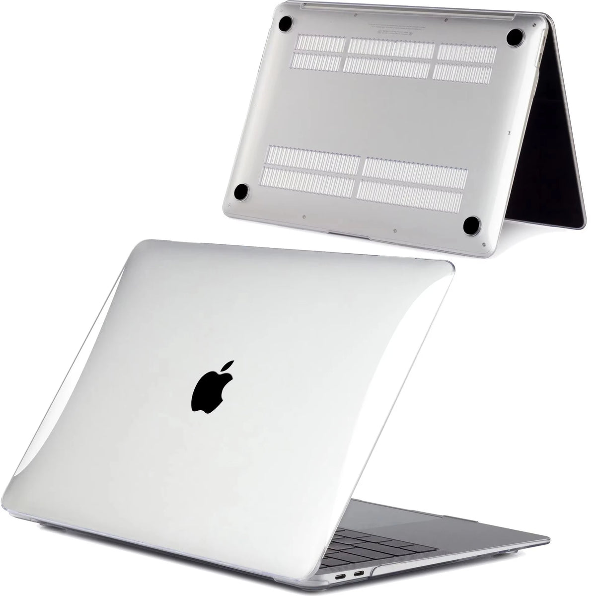 Una MacBook Pro blanca con una funda protectora negra al lado.