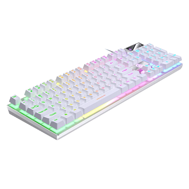 A white wired USB mechanical keyboard with colorful RGB backlight, shown from a top-down angle.