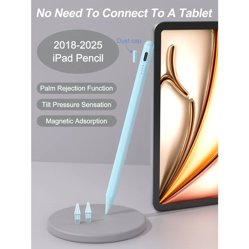 A light blue precision stylus pen for iPad with a dust cap, demonstrating palm rejection and magnetic adsorption features.