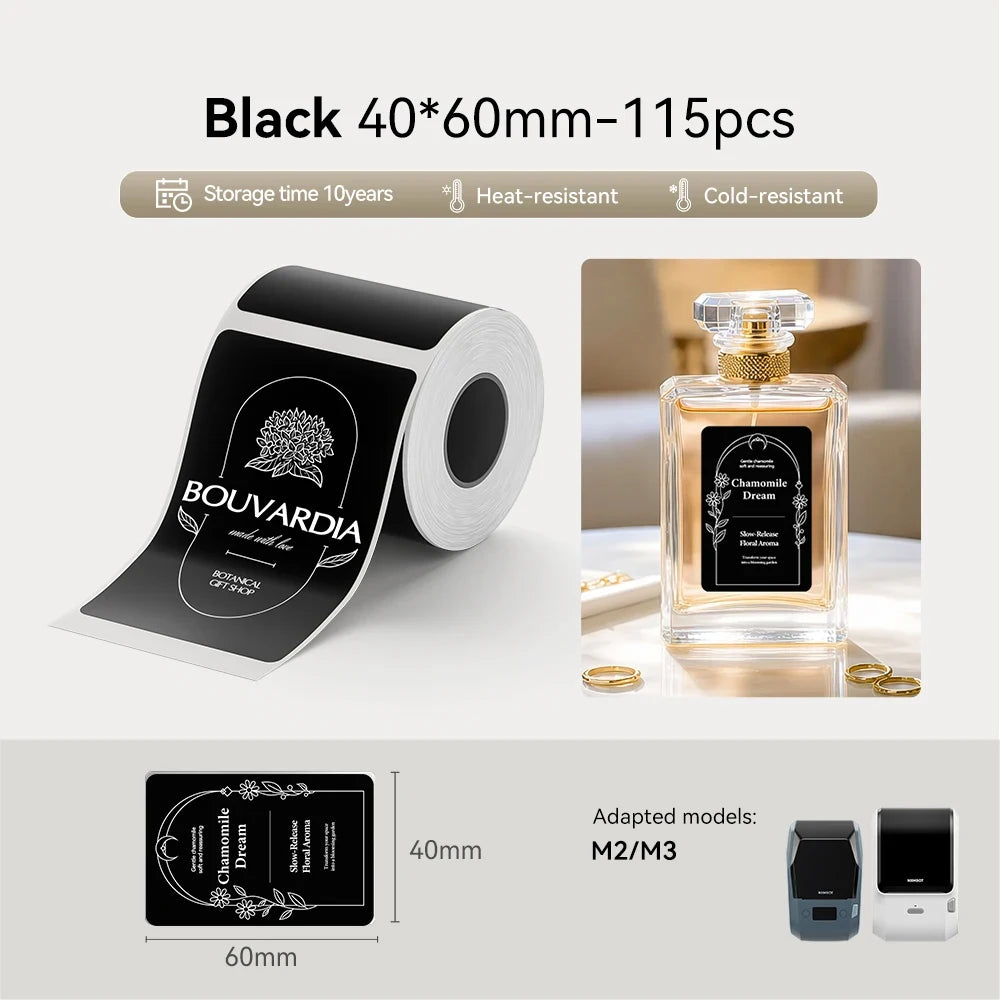 Roll of black thermal transfer stickers measuring 40x60mm with 115 pieces for labels and organization