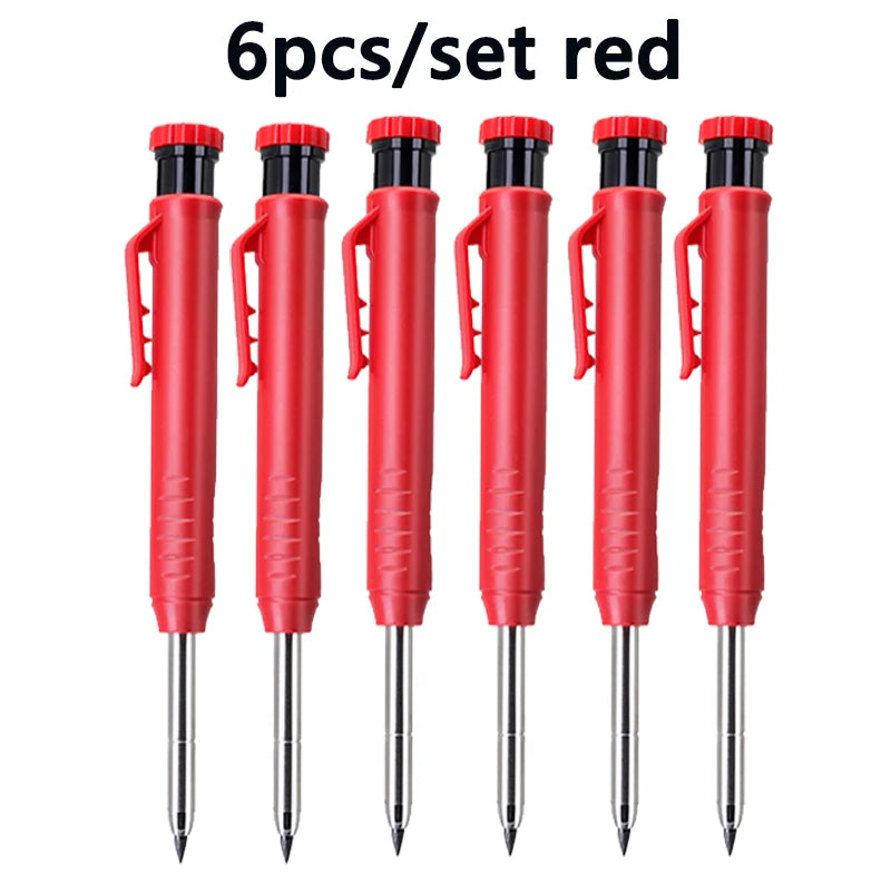A set of six red precision mechanical drawing pencils.