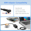 A black 65W AC adapter with a 4.5 x 3.0mm connector is shown next to an open laptop.
