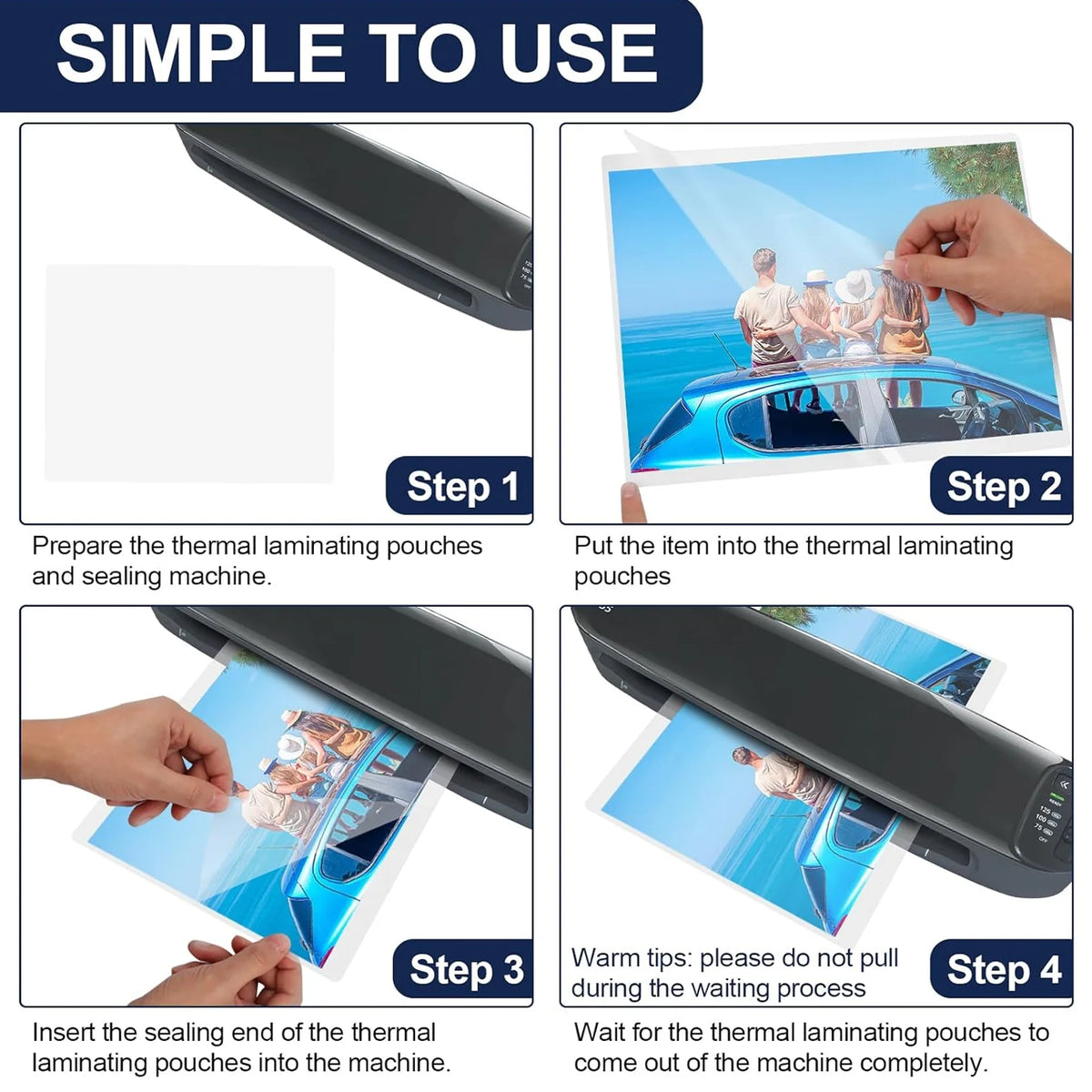 Step-by-step instructions showing how to use a thermal laminating machine and pouches for clear thermal laminating.