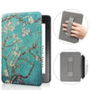 A teal floral patterned protective case for a Kindle Paperwhite device shown with usage examples.