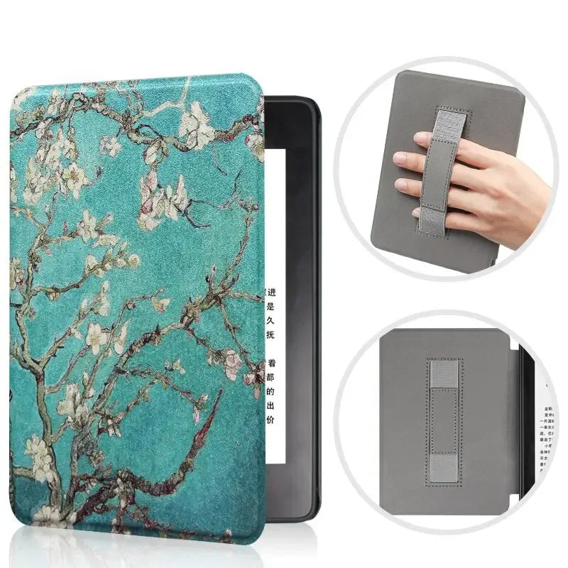 A teal floral patterned protective case for a Kindle Paperwhite device shown with usage examples.