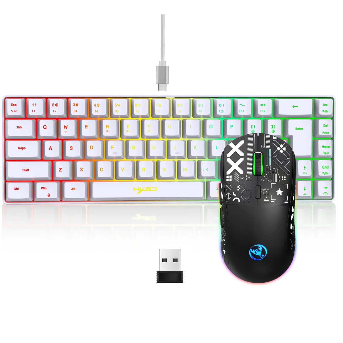 A white 60% wireless gaming keyboard and mouse combo with RGB backlight shown on a white background.